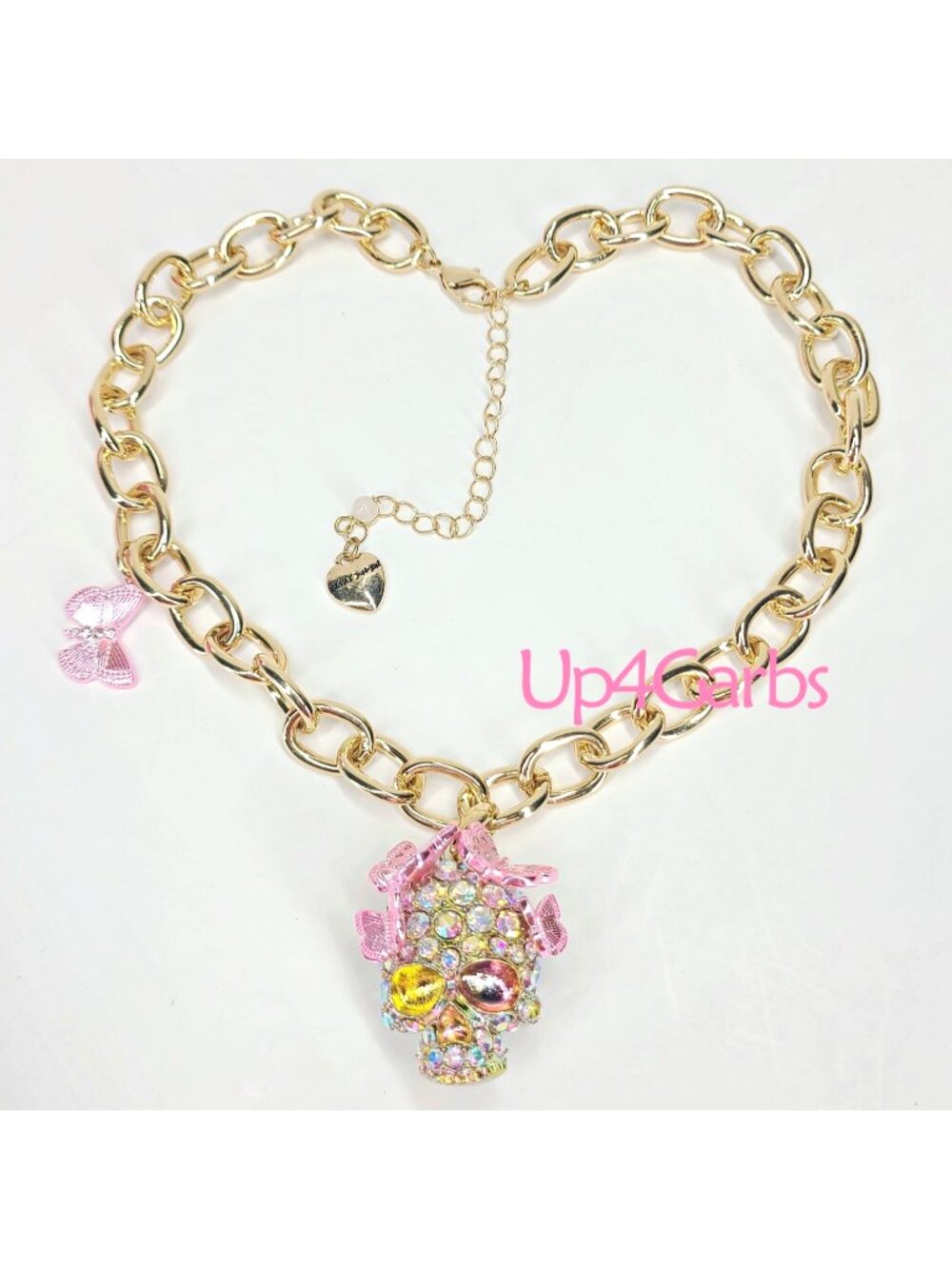Betsey Johnson NIB Sugar Skull & Butterfly Necklace Chunky Pendant Gold Pink